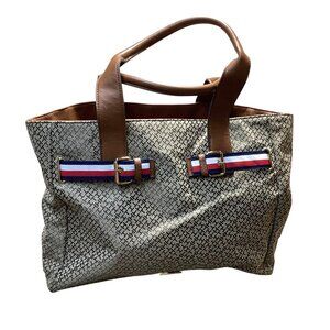 Tommy Hilfiger Patterned Tote Bag Brown Faux Leather Trim & Dual Handles Classic